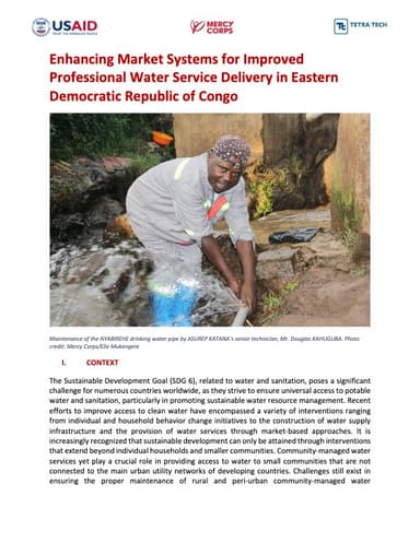 Enhancing Market Systems for Improved Professional Water Service Delivery in Eastern Democratic Republic of Congo