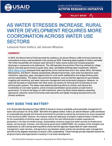 As Water Stresses Increase, Rural Water Development Requires More Coordination Across Water Use Sectors: Lessons from India’s Jal Jeevan Mission