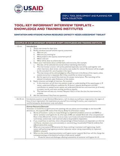 Sanitation and Hygiene Human Resource Capacity Needs Assessment Toolkit: Key Informat Interview Template for Knowledge and Training Institutes