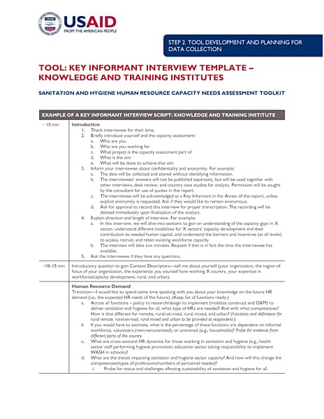 Sanitation and Hygiene Human Resource Capacity Needs Assessment Toolkit: Key Informat Interview Template for Knowledge and Training Institutes