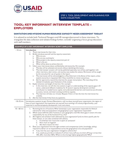 Sanitation and Hygiene Human Resource Capacity Needs Assessment Toolkit: Key Informant Interview Template for Employers