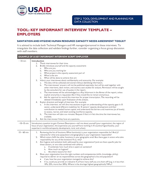 Sanitation and Hygiene Human Resource Capacity Needs Assessment Toolkit: Key Informant Interview Template for Employers